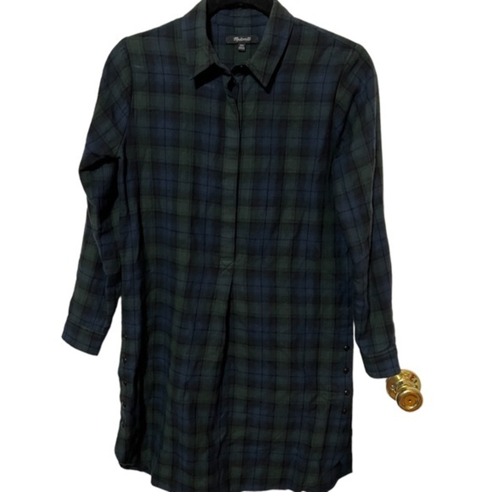 Madewell Blue And Green Plaid Ling Sleeve 3/4 button up Dress Size XXS